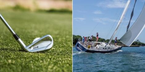 Collage image of Golf club (L) and a group of people Yachting (R).