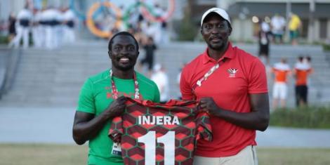 From left to right: Shujaa legends Collins Injera poses for a photo alongside his brother Humphrey Kayange on July 25, 2021 at the Olympic Village in Tokyo, Japan,