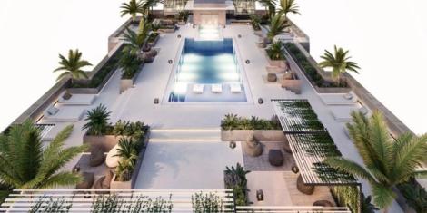 A rooftop view of Cristiano Ronaldo's Pestana CR7 Hotel located in Marrakesh, Morocco.m