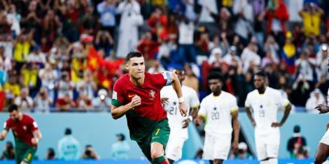 Cristiano Ronaldo celebrates scoring a goal against Ghana on November 24, 2022 in Qatar.