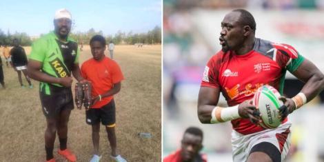 Collage image of Dan Sikuta presenting new boots to a young boy at the Nakuru Athletic Club (left) and him in action for the national team (right).