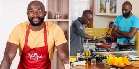 Collage image of former Kenyan rugby player Dennis Ombachi (L) and him teaching double Olympic champion Eliud Kipchoge how to cook.
