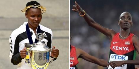 Collage image of Kenyan runners Diana Kipyokei (left) and Asbel Kiprop (right).