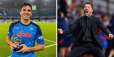 Collage image of Napoli forward Giovanni Simeone (L) and Atletico Madrid manager Diego Simeone (R).