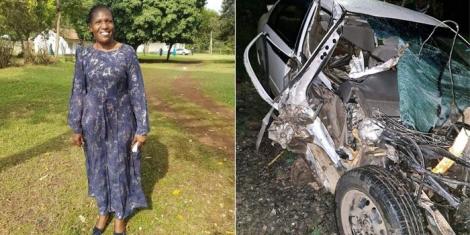 Collage image of Gor Mahia treasurer Dolfine Odhiambo (R) and the car that she was driving on her way to Nairobi on October 19, 2022.