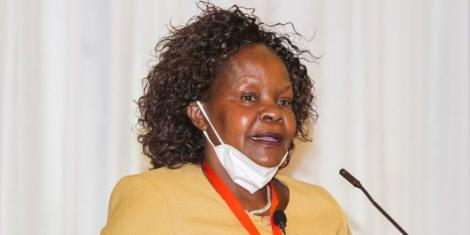 Acting Football Kenya Federation President Doris Petra addressing a past gathering.