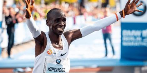 Eliud Kipchoge celebrating wining the 2018 BMW Berlin Marathon title on September 16 in Germany.