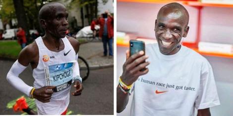 A collage image of Eliud Kipchoge in action at the 2022 BMW Berlin Marathon and posing for a photo.