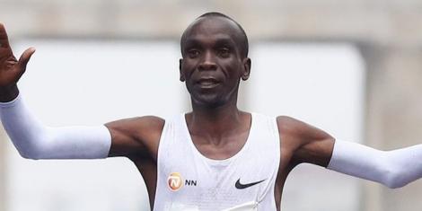 Eliud Kipchoge celebrating winning the 2019 BMW Berlin Marathon on October 12, 2019 in Germany.