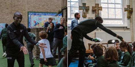 A collage of Eliud Kipchoge spending time with kids in London on October 6, 2022.
