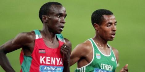From left to right: Eliud Kipchoge and Kenenisa Bekele competing at the 2004 Olympic Games in Athens, Greece.
