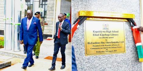 Collage image of the late George Magoha and Eliud Kipchoge walking side by side (left) and a plaque used during the commissioning of the Eliud Kipchoge Library (right) on August 3, 2023. 