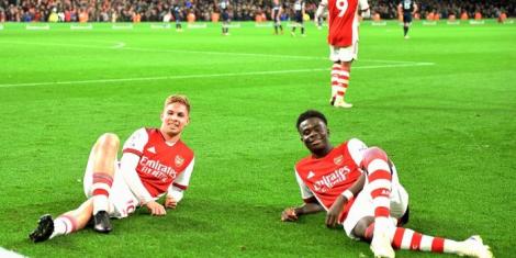 From left to right: Arsenal stars Emile Smith Rowe and Bukayo Saka celebrating a goal in a past match.