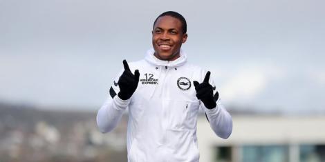 Former Zambia midfielder Enock Mwepu takes part in a training session on February 5, 2022, at the Brighton & Hove Albion grounds in England.