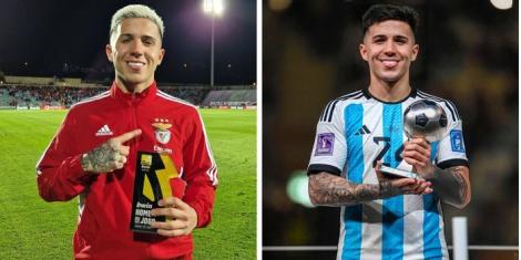 Former Benfica star Enzo Fernandez poses with the man of the match award on January 21, 2023 (left) and him with the FIFA young player award he received during the Qatar World Cup (right).