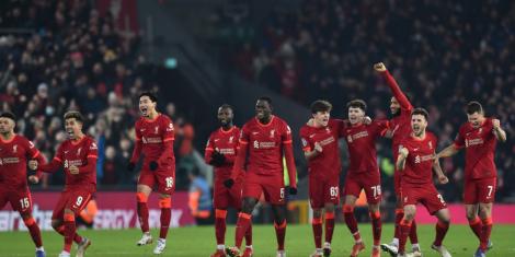 Liverpool players celebrate after qualifying into the EFL Cup semi finals on December 22