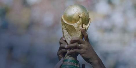 An image showing a couple of hands holding the official FIFA World Cup trophy.