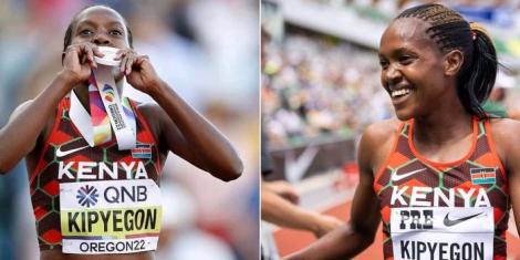 Collage image of Faith Kipyegon celebrating her victory at the 2022 World Athletics Championship on July 19 in Oregon, United States.