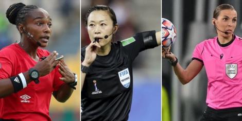 Collage image of Salima Mukansanga (L), Yoshimi Yamashita (M), and Stephanie Frappart (R).