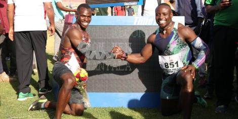 From left to right: Samwel Imeta poses for a photo with African 100m record holder Ferdinand Omanyala at the Nyayo National Stadium on Saturday, February 26, 2023, during the Athletics Kenya second track and field meeting. 