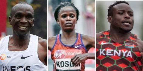 From left to right Kenyan athletes Eliud Kipchoge, Brigid Kosgei and Ferdinand Omanyala