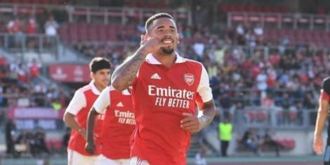 Gabriel Jesus celebrates scoring one of his goals for Arsenal.