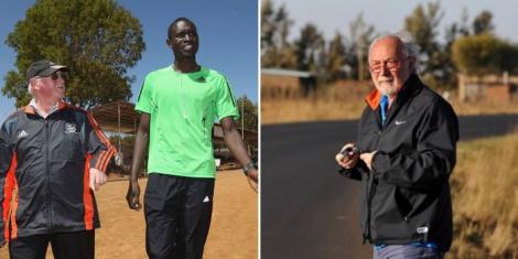 Collage image of Brother Colm O’Connell and 800m world record holder David Rudisha (left) and Gabriele Rosa posing for a photo in Iten, Kenya (right).