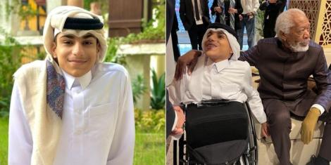 Collage image of Ghanim Al-Muftah (L) and him sitting close to American actor Morgan Freeman (R).
