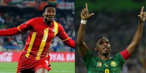 A collage image of Asamoah Gyan (L) and Samuel Eto'o (R) representing their nations in previous competitions.