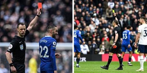 Collage image of Referee Stuart Atwell showing Chelsea player Hakim Ziyech a red card (left) and him overturning the decision to a yellow card on February 26, 2023, in England.