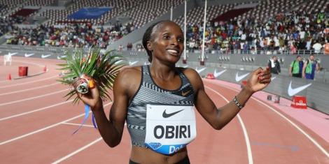 Hellen Obiri celebrating winning the 3,000m race at the 2019 Doha Diamond League on May 4 in Qatar.