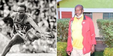 Collage image of Henry Rono taking part in a past race (left) and him posing for a photo outside his house in Nandi County on April 7, 2021 (right).