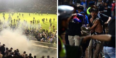 A collage image showing fans some fans invading the pitch (L) and an injured individual being ferried to safety (R) on October 1, 2022 in Indonesia.