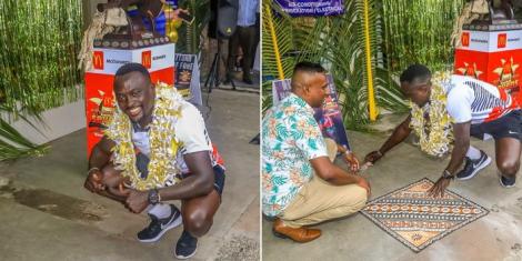 Collage image of Collins Injera (L) and him alongside Noa Nadruku (R) in Fiji on January 11, 2023, during their induction into the Rugby Town Walk of Fame.