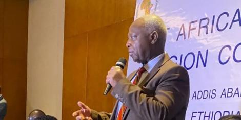 Athletics Kenya president Jackson Tuwei addresses stakeholders in Addis Ababa, Ethiopia, on January 15, 2023.