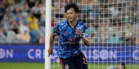 Japan's kaoru Mitoma celebrating after scoring a goal during the World Cup 2022 play-off with Austraila at Sydney on Thursday,March 24,2022.