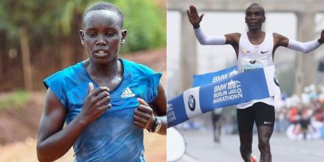 A collage image of Nancy Jelagat (L) and Eliud Kipchoge (R).