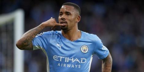 Manchester City Forward Gabriel Jesus celebrating a goal after scoring during a past match.