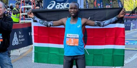 John Kipkosgei Korir celebrating his win at the Los Angeles Marathon on March 20, 2022 in the United States.