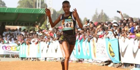 2022 Memorial Agnes Tirop World Cross Country Tour winner Joyce Chepkemoi crosses the finishing line at the Lobo Village on February 12.