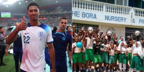 Collage image of English star Jude Bellingham (L) and the children at the school he funds in Kenya (L) posing for pictures.