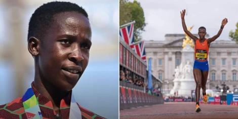 A collage image of Judith Korir during the medal ceremony at the 2022 World Athletics Champions and competing at the London Marathon.