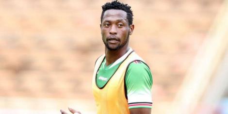 Harambee Stars forward Masoud Juma takes part in a training session on May 2019 at the Moi International Sports Centre, Kasarani.