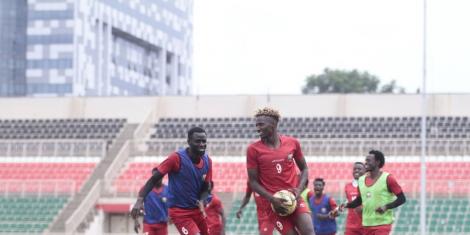 Harambee Stars skipper Kenneth Muguna and defender Solomon Olwande training at Nyayo stadium
