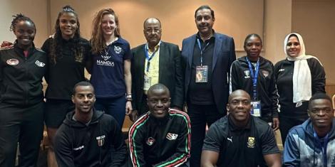 Captains of the teams that played the World Cup qualifiers pose for a photo with FIH President Tayyab Ikram on December 14, 2022.