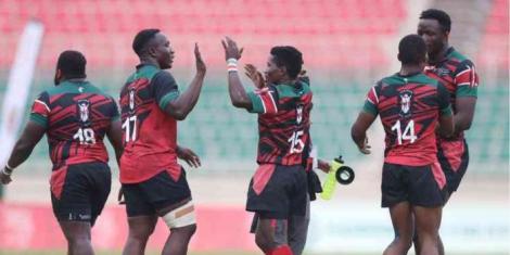 Kenya Simbas players celebrate beating Zambia in a Rugby Africa Cup match in Nairobi on July 11, 2021. 