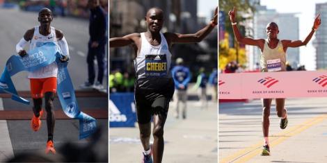 Collage image of Kenyan athletes Eliud Kipchoge (R), Evans Chebet (M) and Benson Kipruto (L).