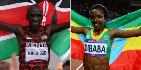Collage image of Eliud Kipchoge (L), and Tirunesh Dibaba (R).