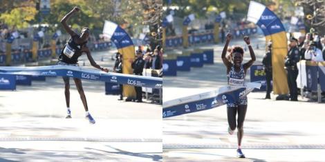 A side-by-side image of 2021 New York City Marathon champions Albert Korir (L) and Peres Jepchirchir (R).