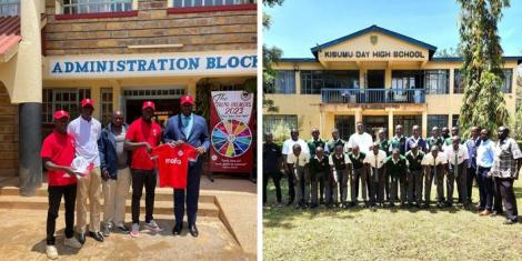 Collage image of officials from the Michael Olunga Football Academy posing with Agoro Sare High School Principal (left) and some of the beneficiaries of the education scholarships at the Kisumu Day Secondary School (right).